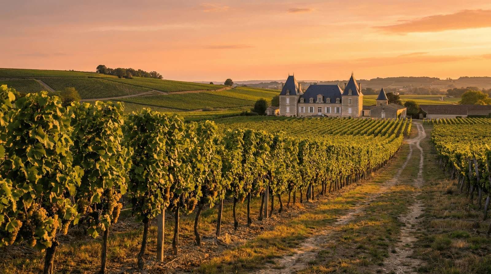 Vignobles bordelais avec château au coucher du soleil