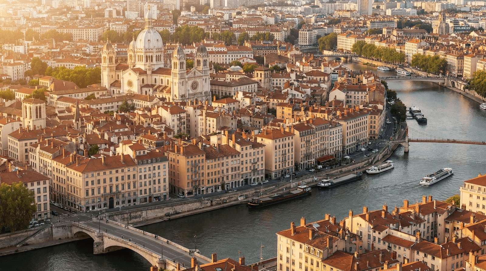 Lyon old town with Fourvière basilica on the hill