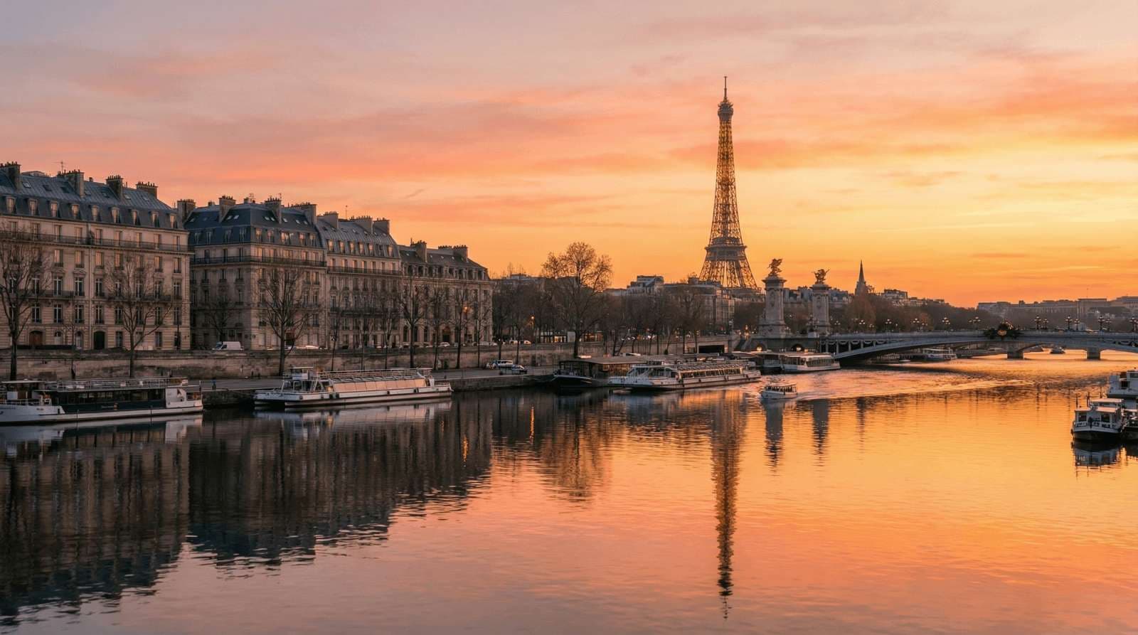 Paris Eiffel Tower at sunset with Seine river