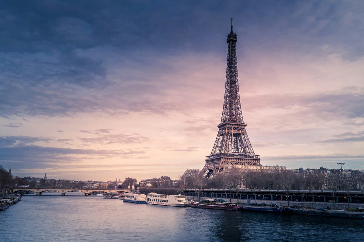 Paris skyline with the Eiffel Tower at sunset