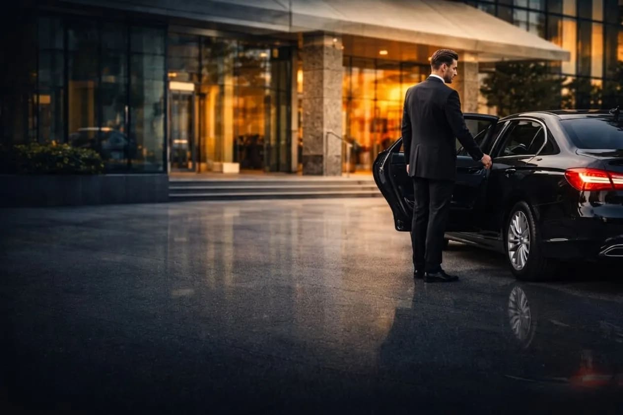 Executive chauffeur opening a premium cab for a business client